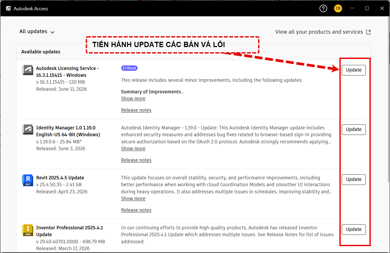 Cập nhật thông qua Autodesk Access