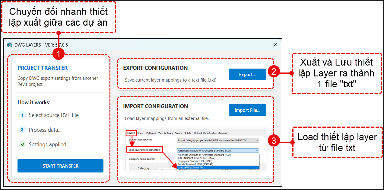 Plugin Revit Xuat Cad-Giao diện & Tính năng Transfer Setting