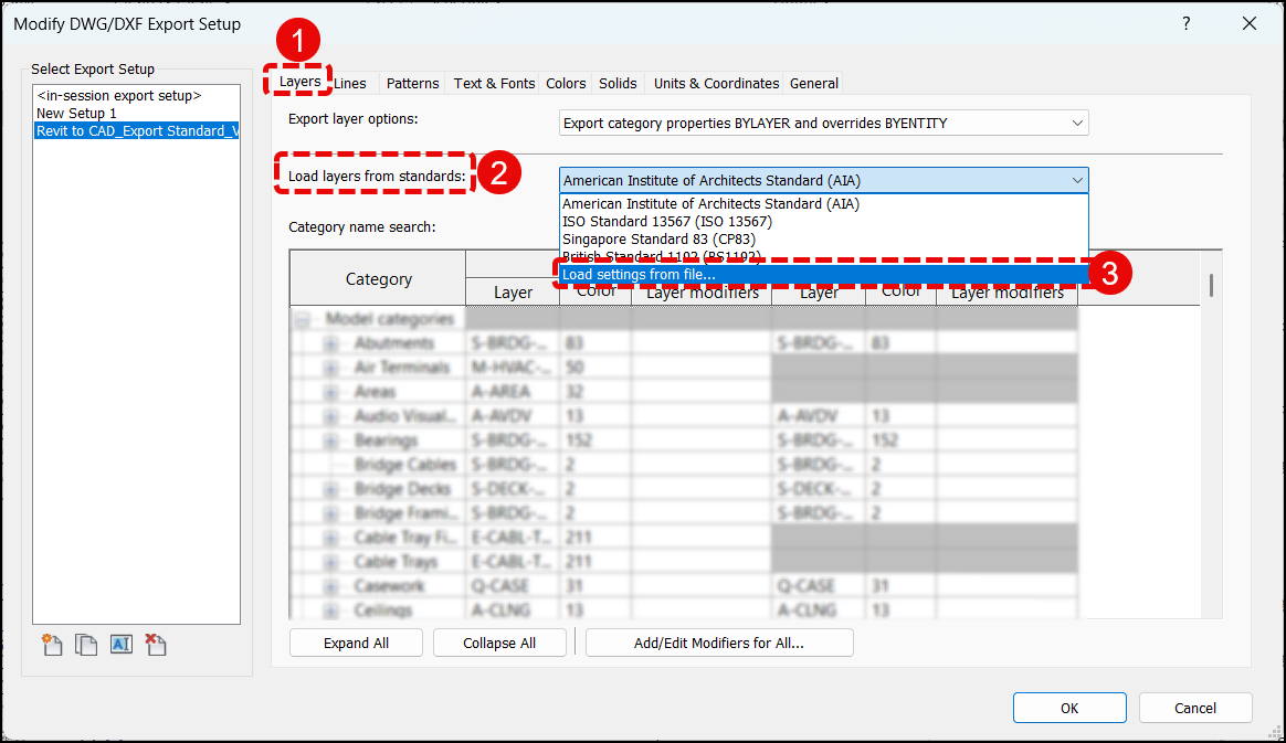 Plugin Revit Xuat Cad-Import DWG Setings