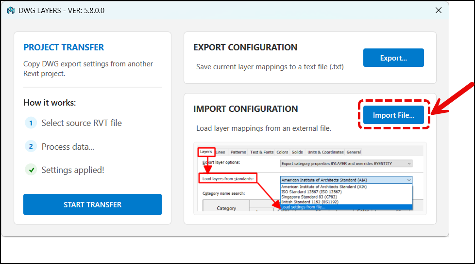 Plugin Revit Xuat Cad-Tranfer Setting - Import File